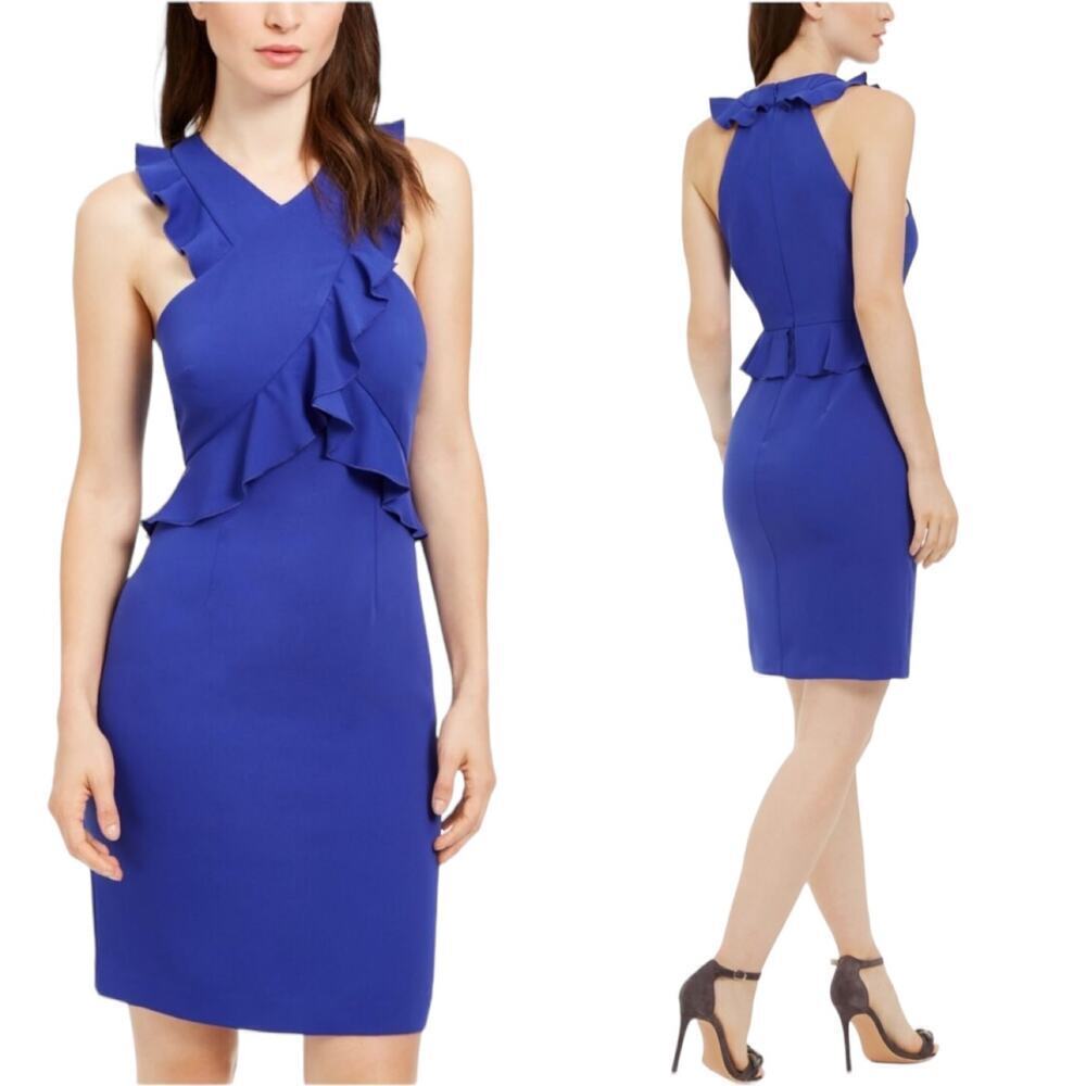 Trina Turk Women’s Cobalt Blue Dress Sheath Peplum Sleeveless Ruffles Sz 10 New